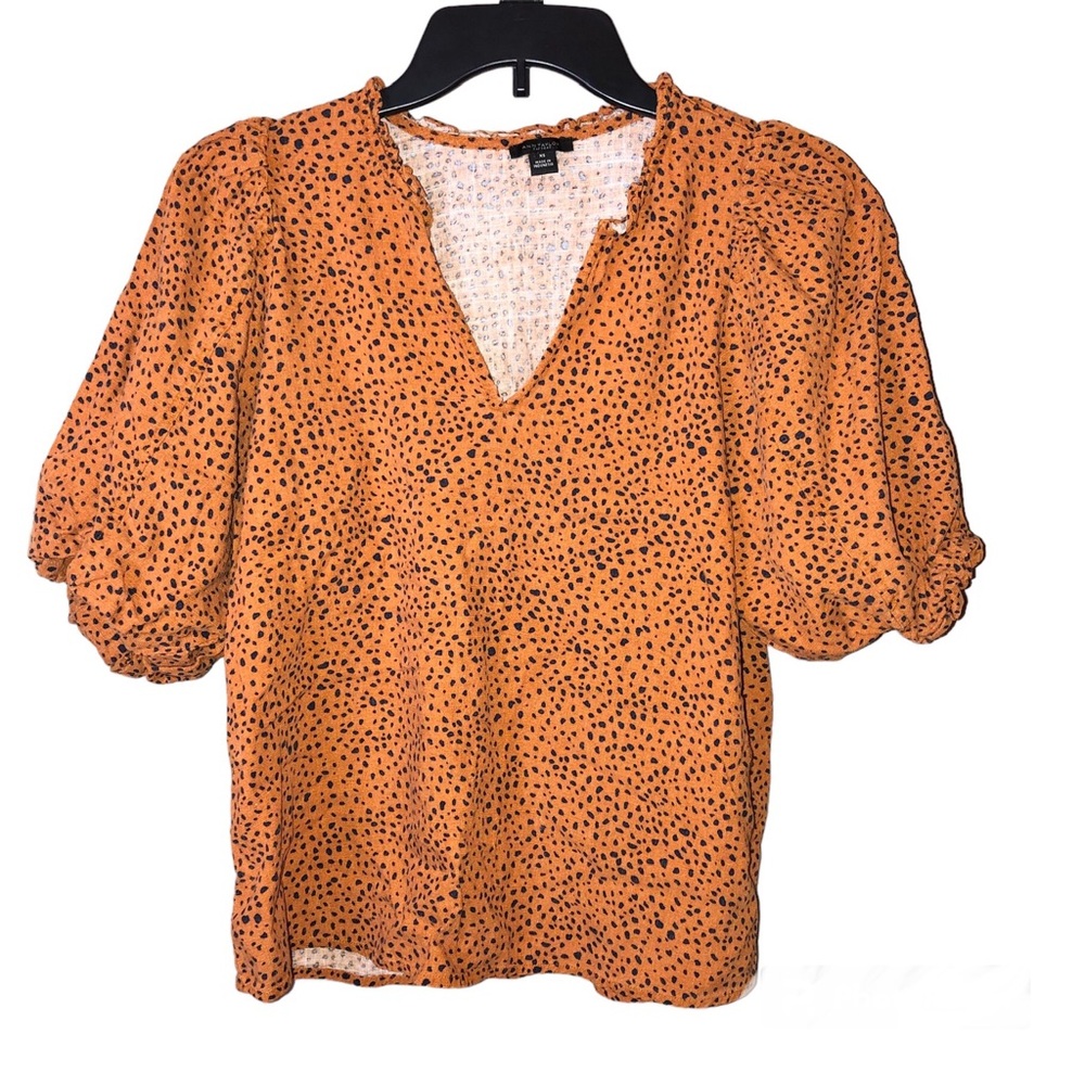 Ann Taylor Factory Linen Dalmatian Polka Dot Puff Sleeve Blouse Rust Orange XS